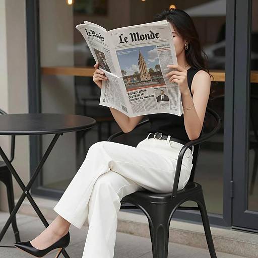 Woman Reading Le Monde Newspaper Outdoors
