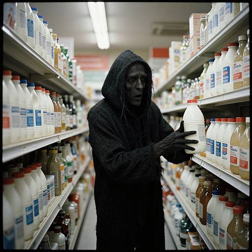 Photograph of a dark, hooded figure with grimy face and black gloves, holding a milk bottle in a brightly lit, aisle-filled grocery store