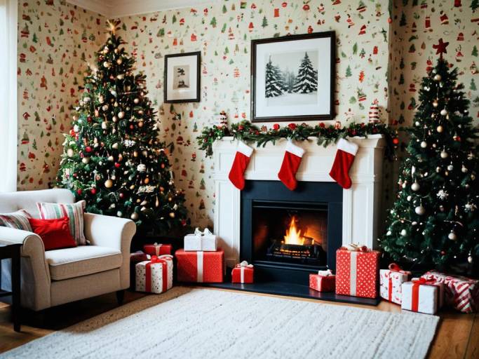Cozy Christmas Living Room with Fireplace and Trees