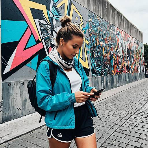 Sporty Woman Checking Phone by Urban Mural