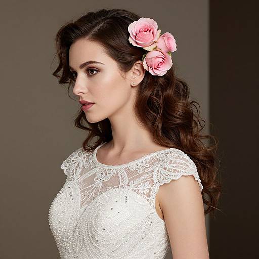 Photograph of a young woman with long, wavy brown hair adorned with pink roses, wearing a white lace dress, against a dark gray background.