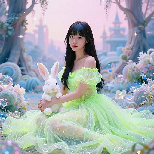 Girl in Neon Green Gown Holding White Rabbit