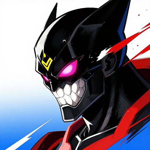 Digital illustration of a fierce, black armored Batman with glowing pink eyes, sharp teeth, and a red cape against a gradient blue-white background.