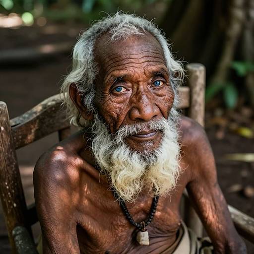 Photograph of an elderly, shirtless Indian man with dark brown skin, white curly hair, and long white beard, sitting outdoors on a wooden chair
