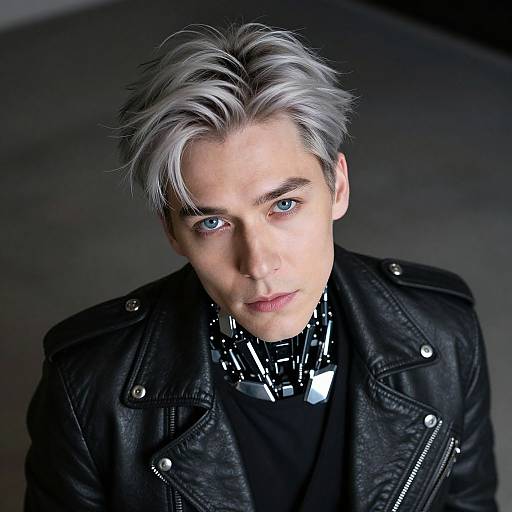 Photograph of a young man with silver hair, blue eyes, wearing a black leather jacket, silver chain necklace, and black shirt, looking up with