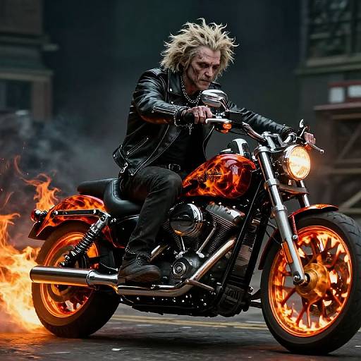 Photograph of a fierce, blonde-haired man in a black leather jacket riding a flaming orange motorcycle through a dark, smoky urban street.
