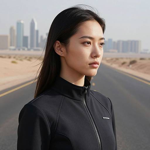 Photograph of an Asian woman with long black hair, wearing a black zip-up jacket, standing on a desert road with a city skyline in the blurred