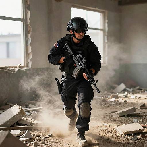 Photograph of a male soldier in black tactical gear and helmet, carrying an assault rifle, walking through a dusty, ruined, sunlit room with broken