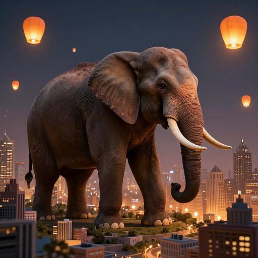 Giant elephant with white tusks standing in a cityscape at night, surrounded by floating orange lanterns, illuminated buildings, and skyscrapers.