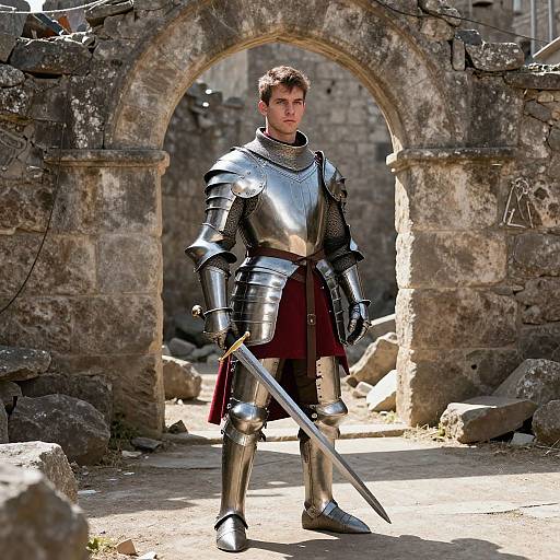 Photograph of a young male knight in shiny silver armor with a red tunic, standing confidently with a sword, in front of a rustic stone arch