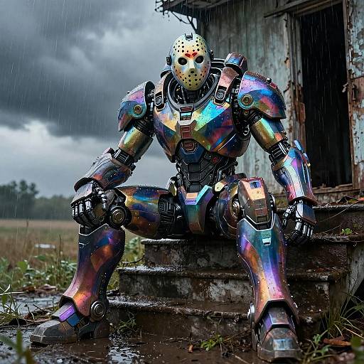 Photorealistic digital artwork of a colorful, iridescent robotic figure with a horror mask, sitting on rusted steps in a rainy, abandoned warehouse