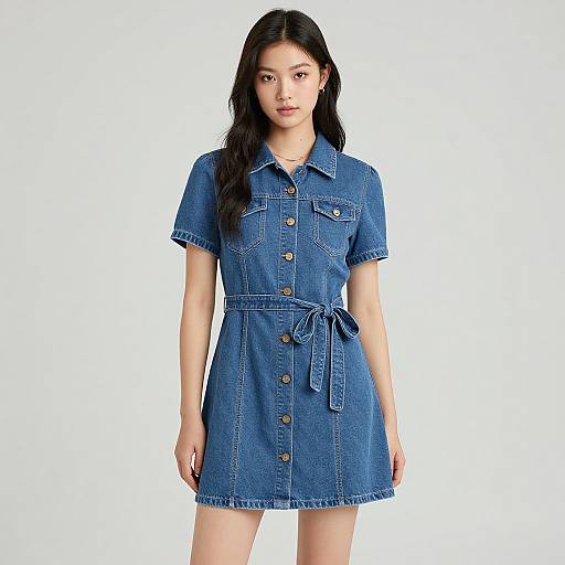 Photograph of an Asian woman with long black hair, wearing a blue denim dress with short sleeves, button front, and belt, standing against a plain