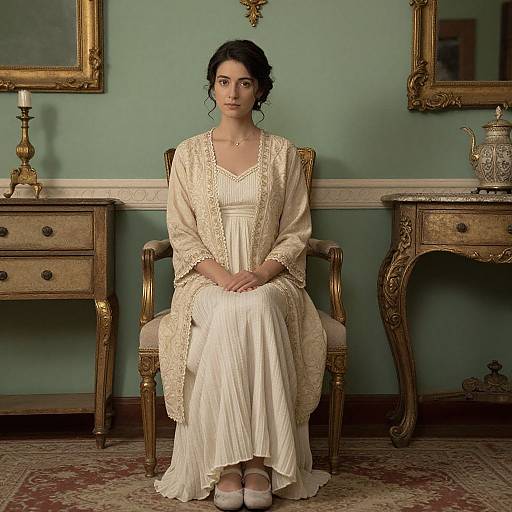 Photograph of a woman with dark curly hair, wearing a cream lace robe over a white pleated dress, seated in an ornate wooden chair,