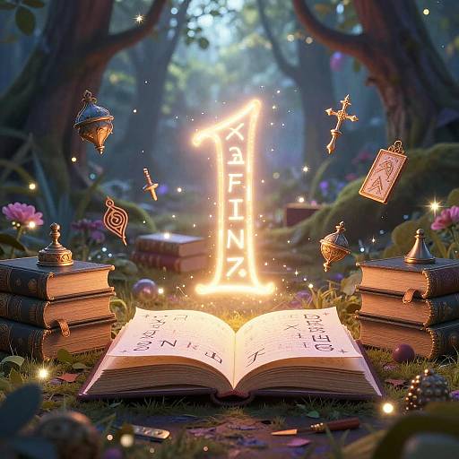Magical forest scene: open book with runes, glowing 