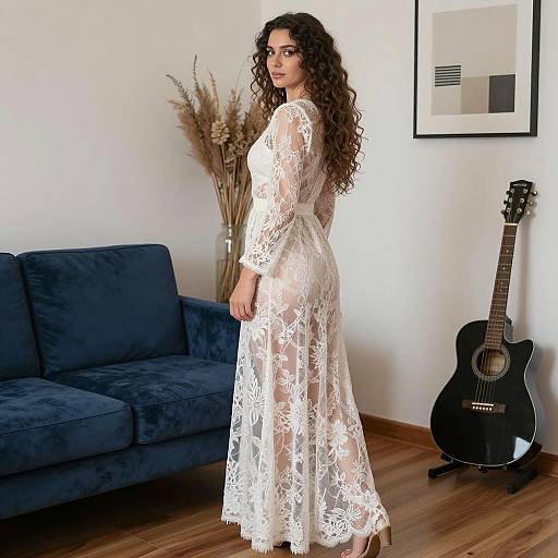 Elegant Woman in Lace Dress Interior