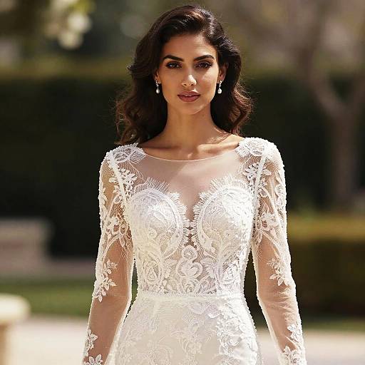 Photograph of a beautiful South Asian woman with dark wavy hair, wearing an elegant white lace wedding dress with long sleeves, standing outdoors in a sun