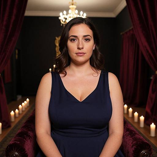 Photograph of a fair-skinned woman with dark brown hair, wearing a black sleeveless dress, seated in a dimly lit room with candles and