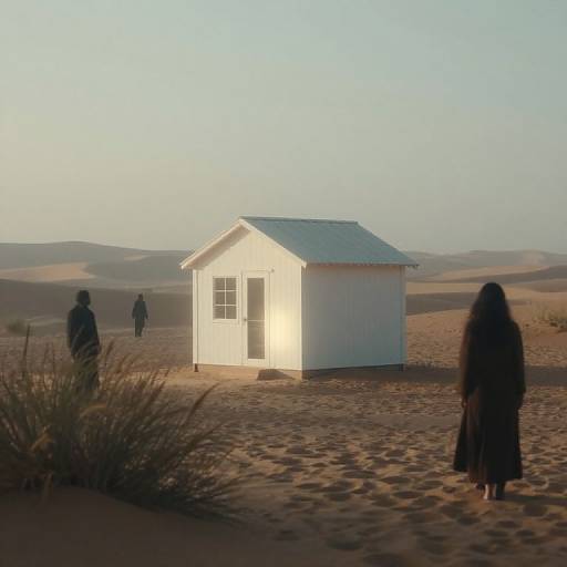 Photograph of a small white shed in a desert with three silhouetted figures, one in foreground, sand dunes in background, and sparse