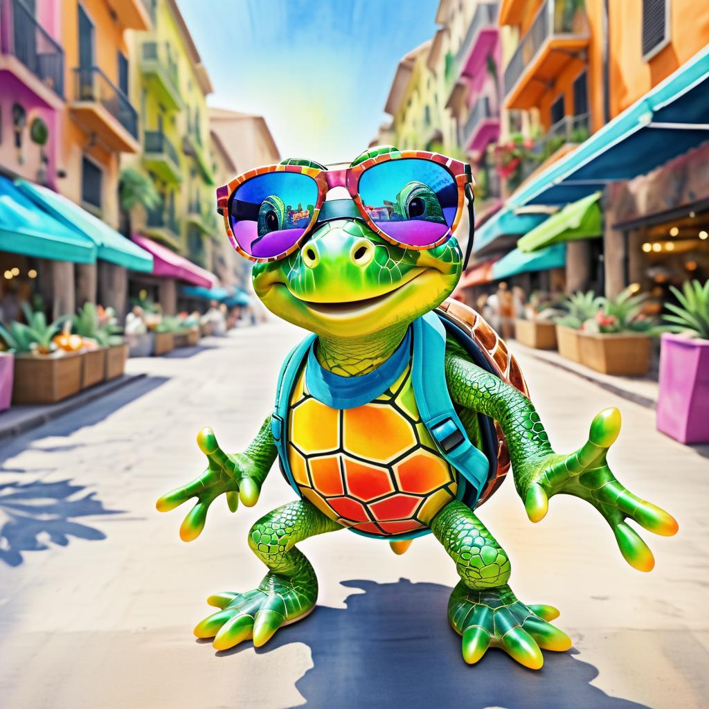 Playful Turtle in Vibrant Market Scene