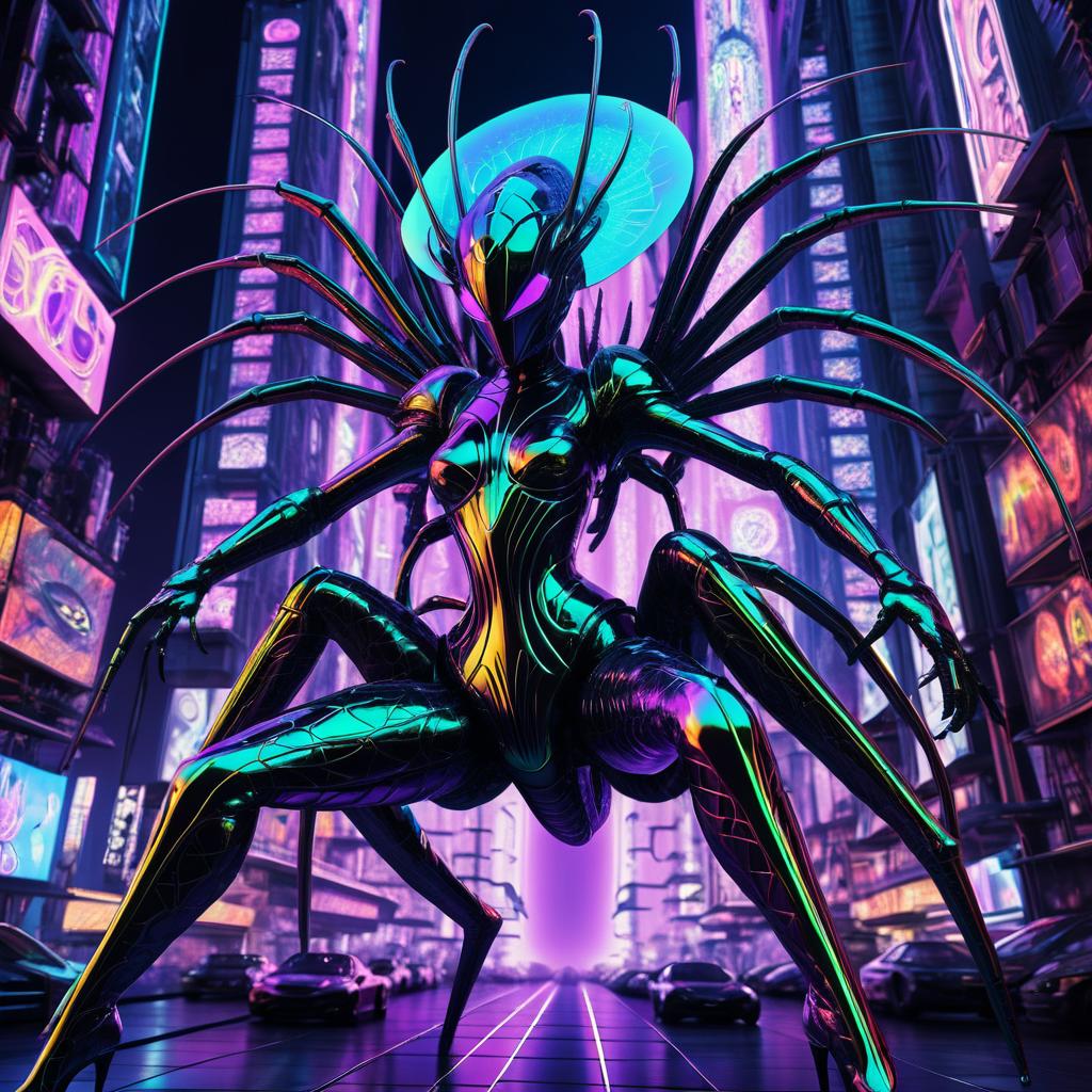 Trippy Alien Queen in Cyberpunk City