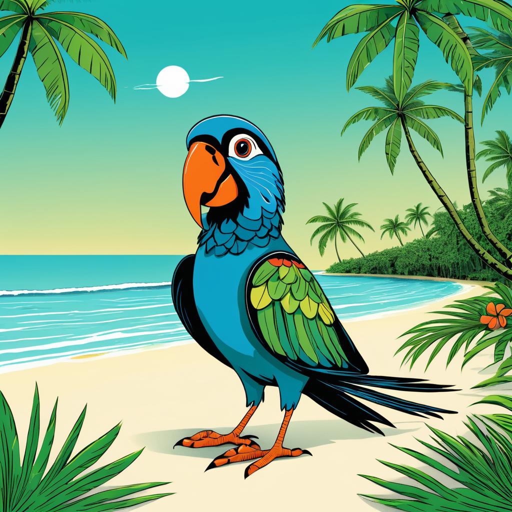 Whimsical Parrot on a Tropical Beach