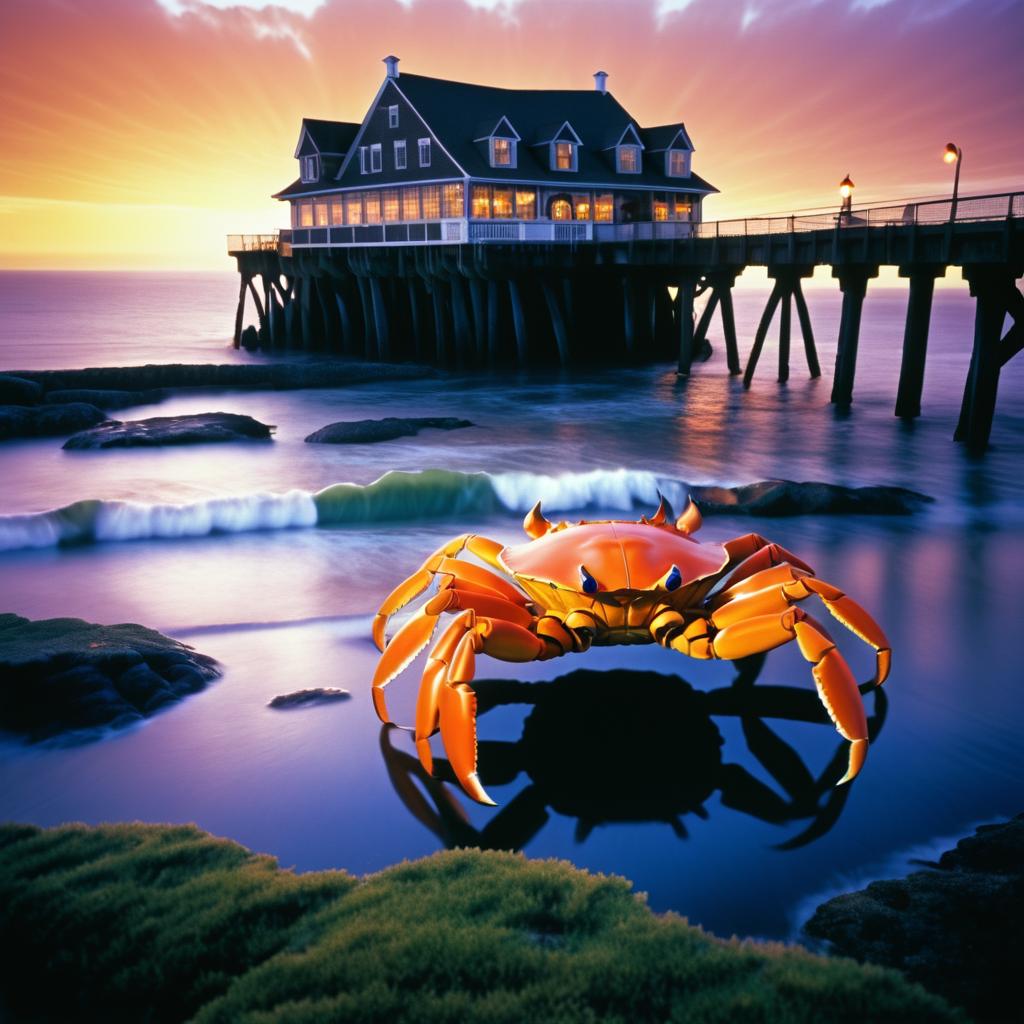 Giant Crab Assaults Sunset Pier Scene