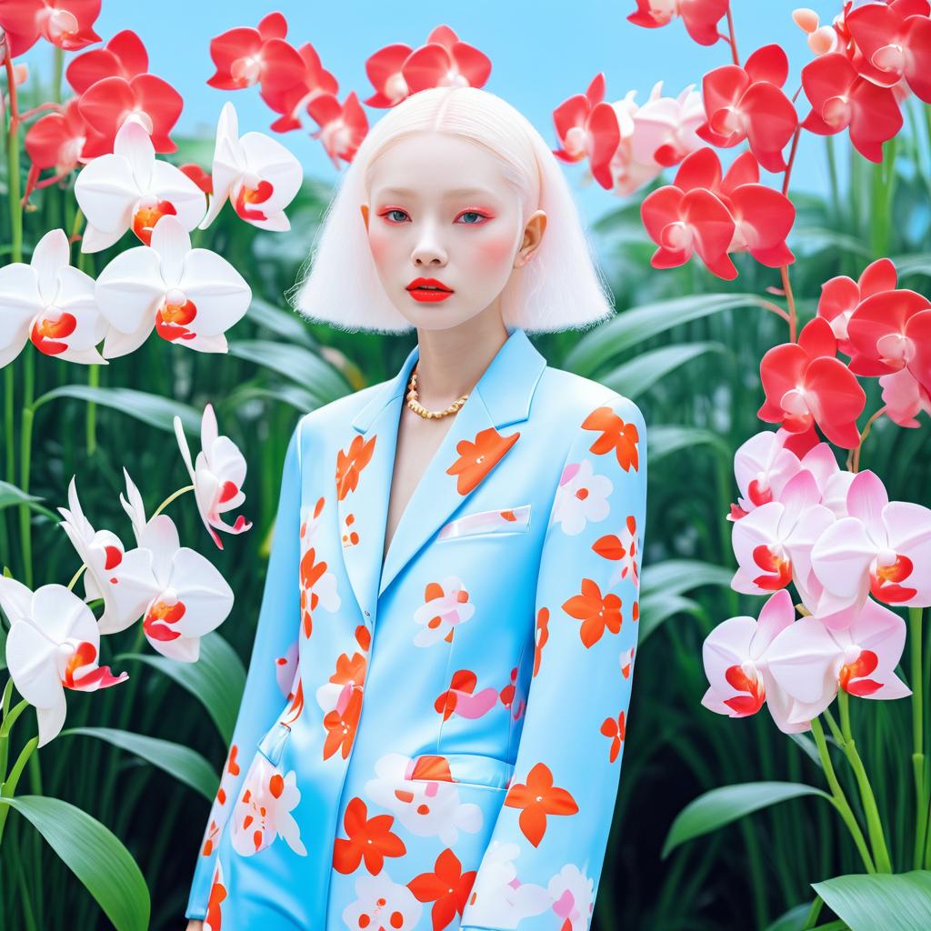 Albino Model with Orchids in Pastels