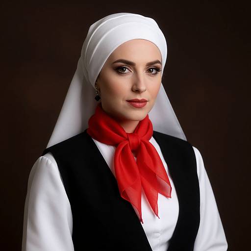 Photorealistic portrait of a woman with fair skin, wearing a white hijab, black vest, white shirt, and red scarf, against a dark