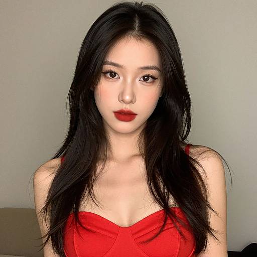 Photograph of an Asian woman with long black hair, fair skin, red lipstick, and a red strapless dress, looking directly at the camera against