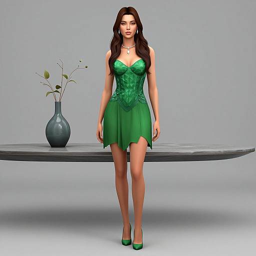 CGI image of a woman with long brown hair, wearing a green, semi-transparent dress and matching heels, standing in front of a gray table with