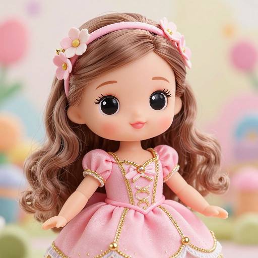 Photograph of a cute, doll-like girl with large black eyes, wavy brown hair, pink dress, gold trim, and a flower headband