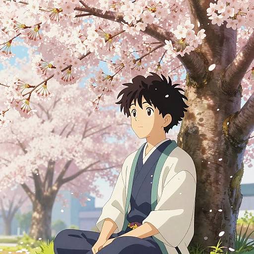 Anime Boy Under Cherry Blossoms
