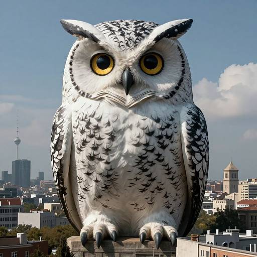 Photorealistic CGI of enormous, detailed white owl with yellow eyes standing on rooftop, overlooking cityscape with skyscrapers and tower.