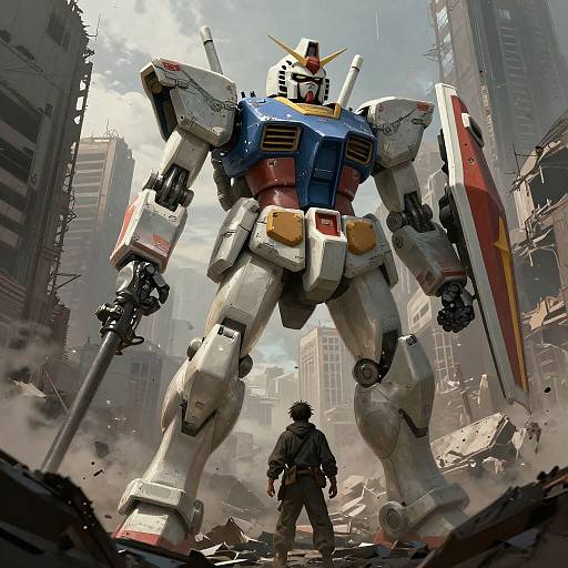 Epic Mecha Warrior Protecting Survivor