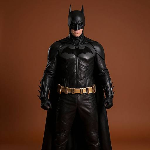 Photograph of Batman in black leather suit, gold belt, black cape, and cowl, standing against a brown gradient background.