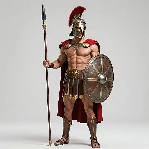 CGI image of a muscular, ancient Greek warrior in full armor, holding a spear and round shield, with a red cape and helmet, standing against