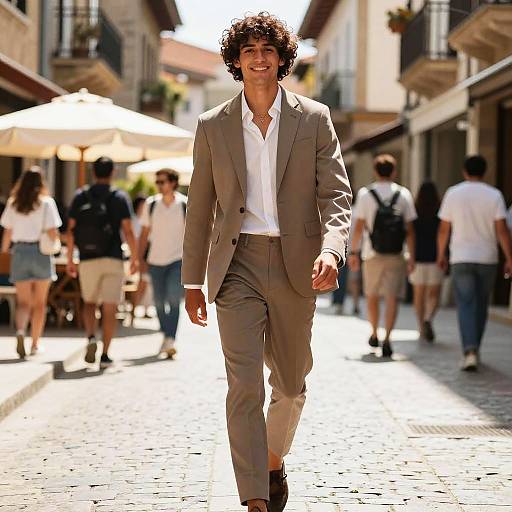 Photograph of a young man with curly black hair, smiling, wearing a beige suit and white shirt, walking down a sunlit, cobblestone
