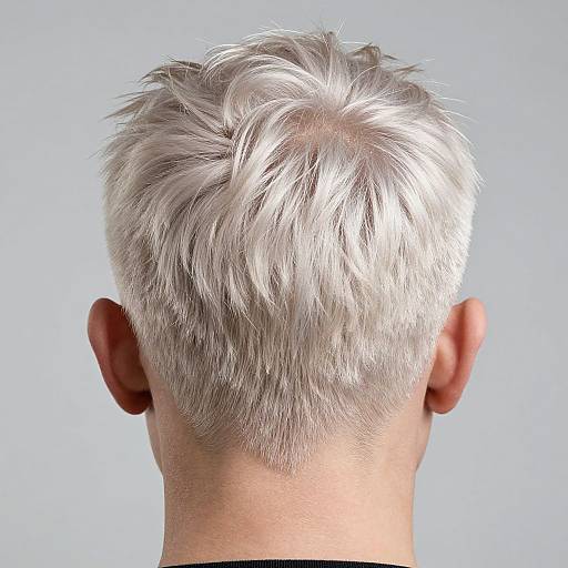 Photograph of a man's back and top of head with short, silver-gray, spiky hair against a plain light blue background.