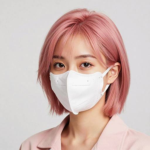 Photorealistic CGI portrait of an Asian woman with pink shoulder-length hair, wearing a white face mask and pink shirt, against a plain white background.