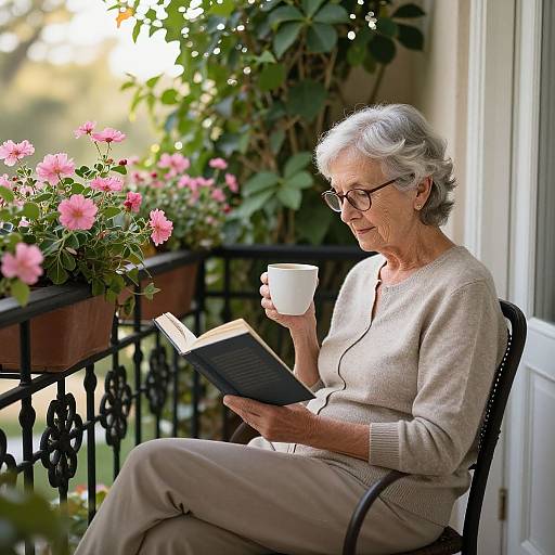 Photograph of an elderly woman with gray hair, glasses, beige sweater, and pants, reading a book while sipping a white mug on a sun