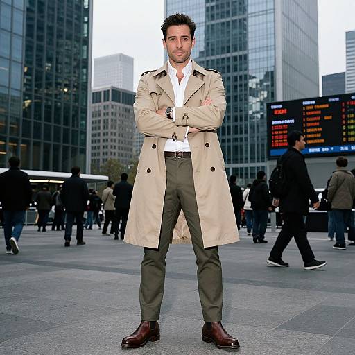 Photograph of a confident man with short dark hair, beige trench coat, white shirt, gray pants, and brown shoes, standing with arms crossed in