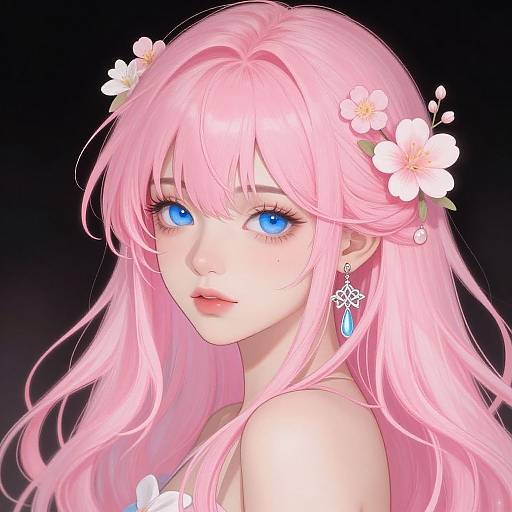 Digital anime-style portrait of a fair-skinned girl with long pink hair, blue eyes, adorned with white flowers and blue teardrop earrings.