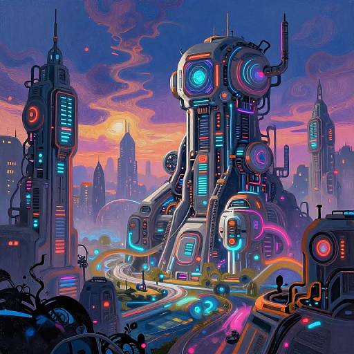 Digital art of a vibrant, futuristic cityscape at sunset, featuring neon-lit, cybernetic skyscrapers with glowing blue and pink lights,