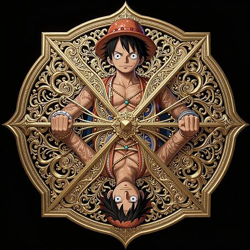 Digital anime-style illustration of a muscular man with black hair in a red hat, upside-down, fists raised, surrounded by ornate gold patterns and a