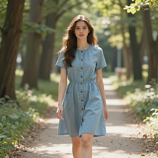 Sunlit Forest Path with Mod Dress