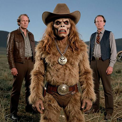 Photograph of a person in a furry skull mask, brown cowboy hat, and fur suit, flanked by two men in western attire, against a