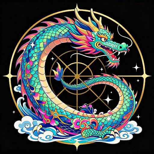Vibrant digital illustration of a colorful, serpentine dragon with turquoise scales, pink and blue accents, golden horns, and fiery mane, co