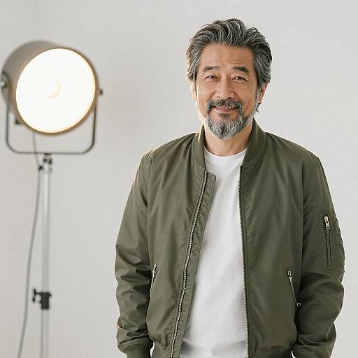 Photograph of a middle-aged man with grey hair and beard, wearing a green jacket over a white shirt, standing in front of a bright studio light