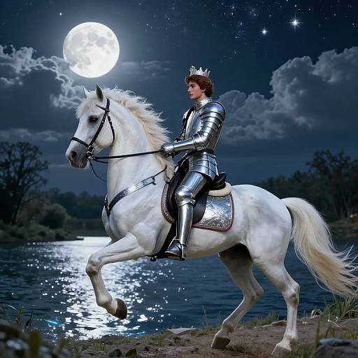Knight in silver armor with crown, riding white horse, under full moon, over shimmering lake, night sky with stars and clouds. Photographic realism