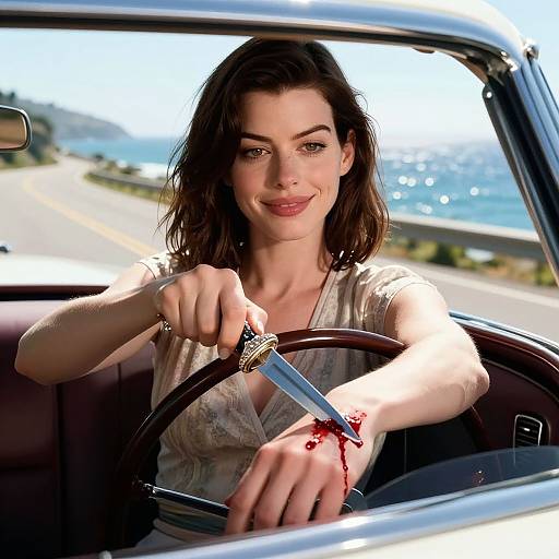 Photorealistic digital image of a smiling woman with dark hair, holding a bloody knife in her right hand, driving a classic car with a coastal road